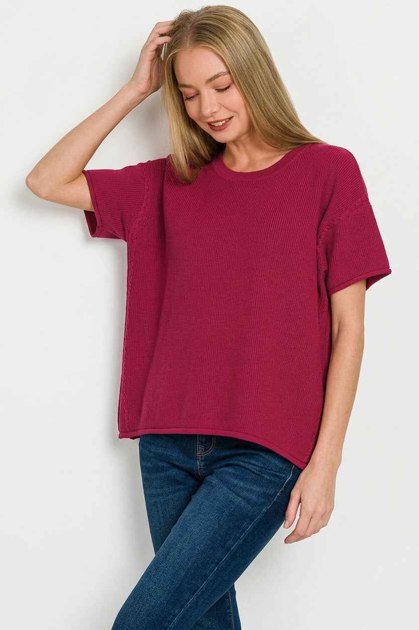 Zenana Viscose Round-neck Short Sleeve Sweater