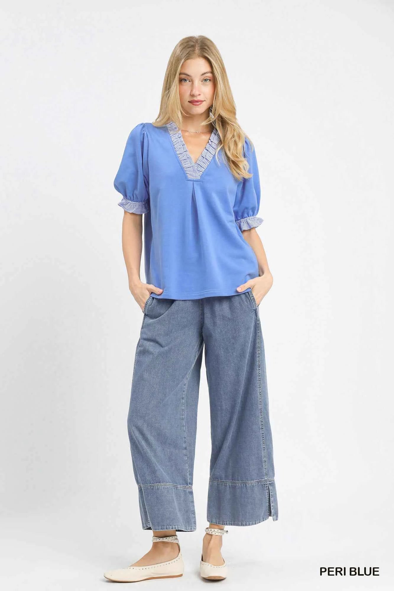 Umgee French Terry Ruffle Trim Puff Sleeve Top