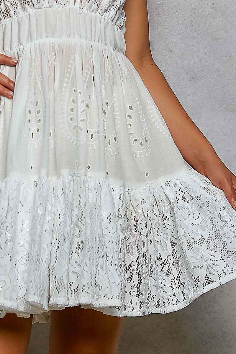 POL Halter Lace Patch Ruffle Mini Dress with Adjustable Tie on Back