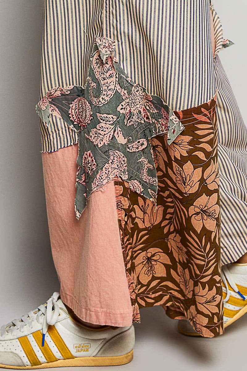 POL Striped Floral Patchwork Wide leg Pants with Side Big Star Patch