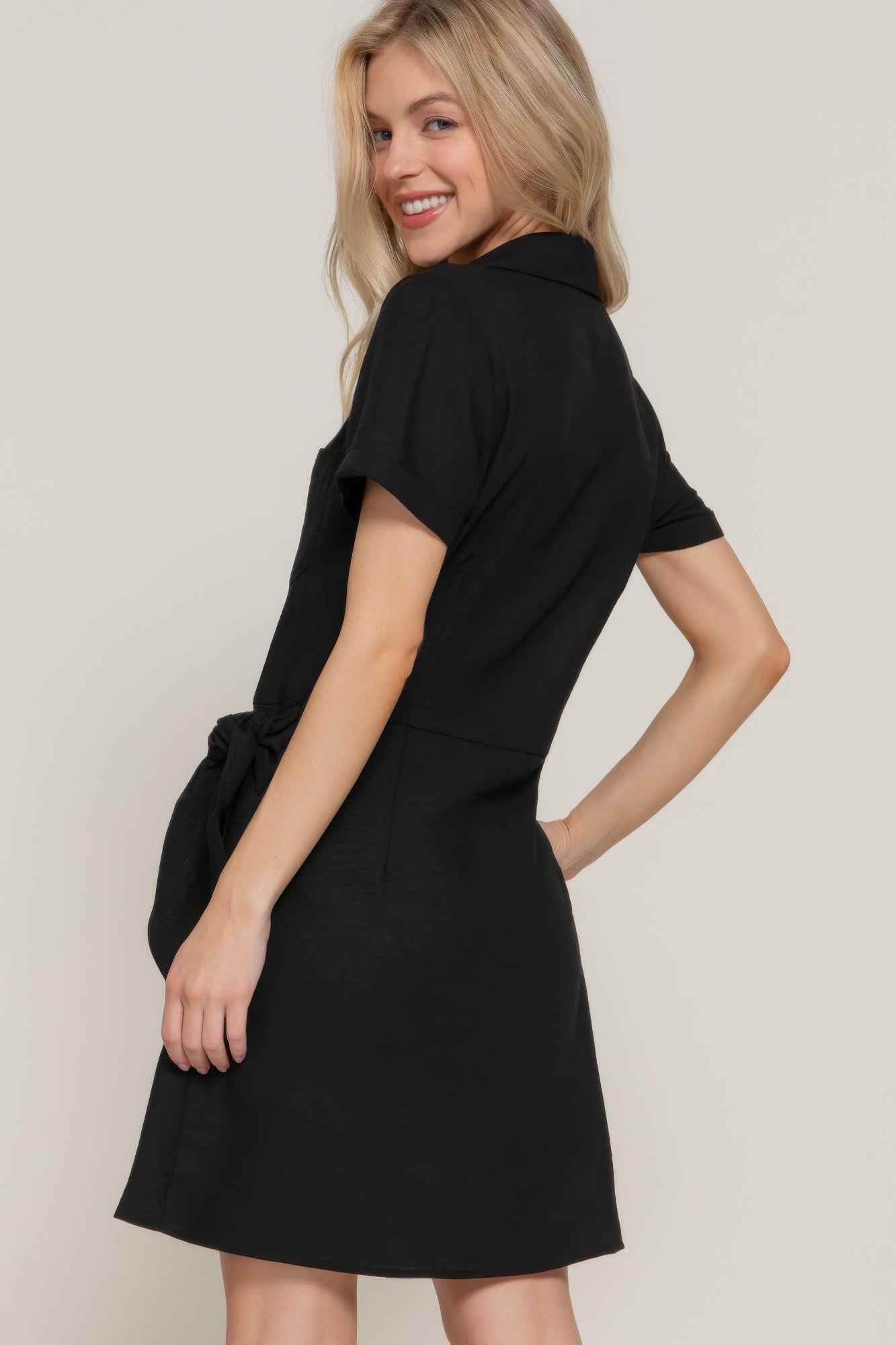Button Down Side Bow Linen Effect Mini Dress