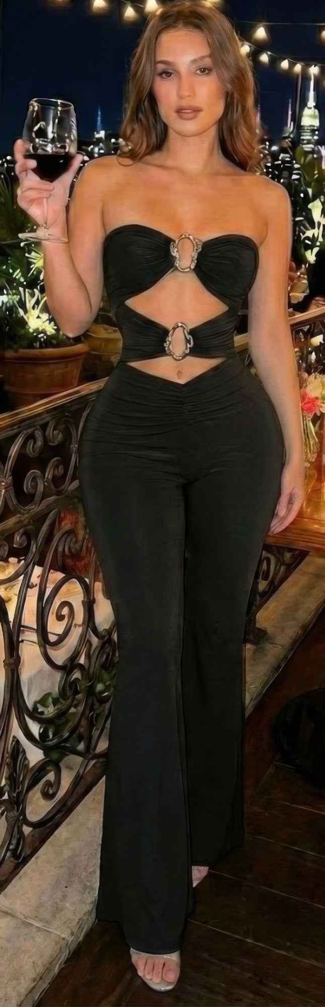 Cut-out,strapless Jumpsuit That Flares Out