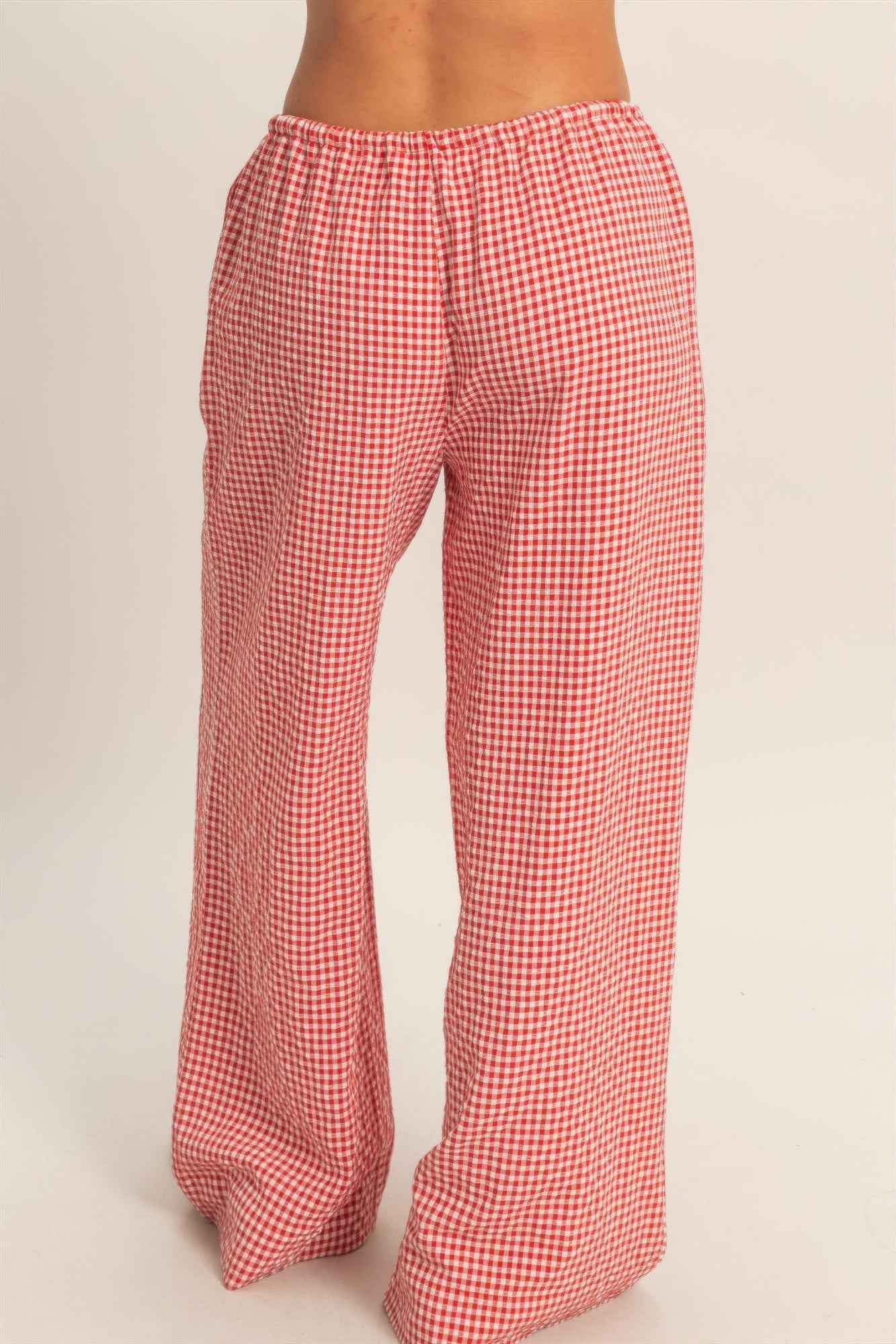 Gingham Drawstring Wide-leg Pants