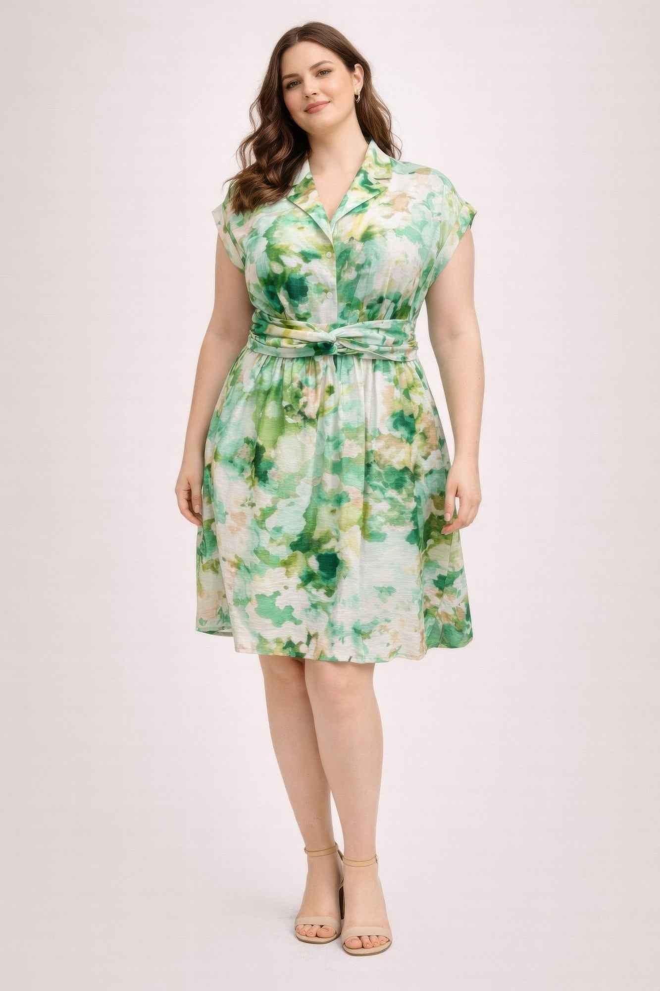 Plus Size Floral Waist Tie Shirt Dress