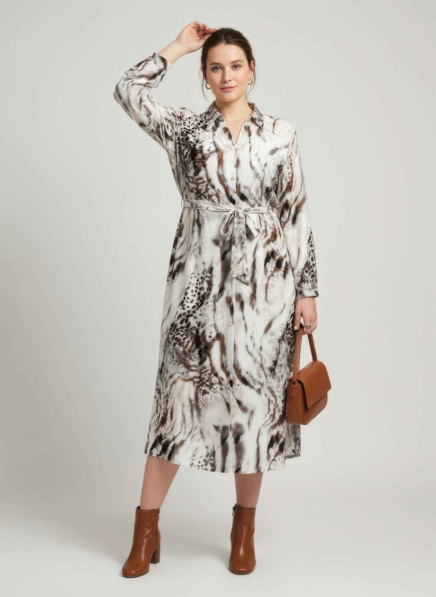 Animal Print Belted Button-front Midi Shirt Dress