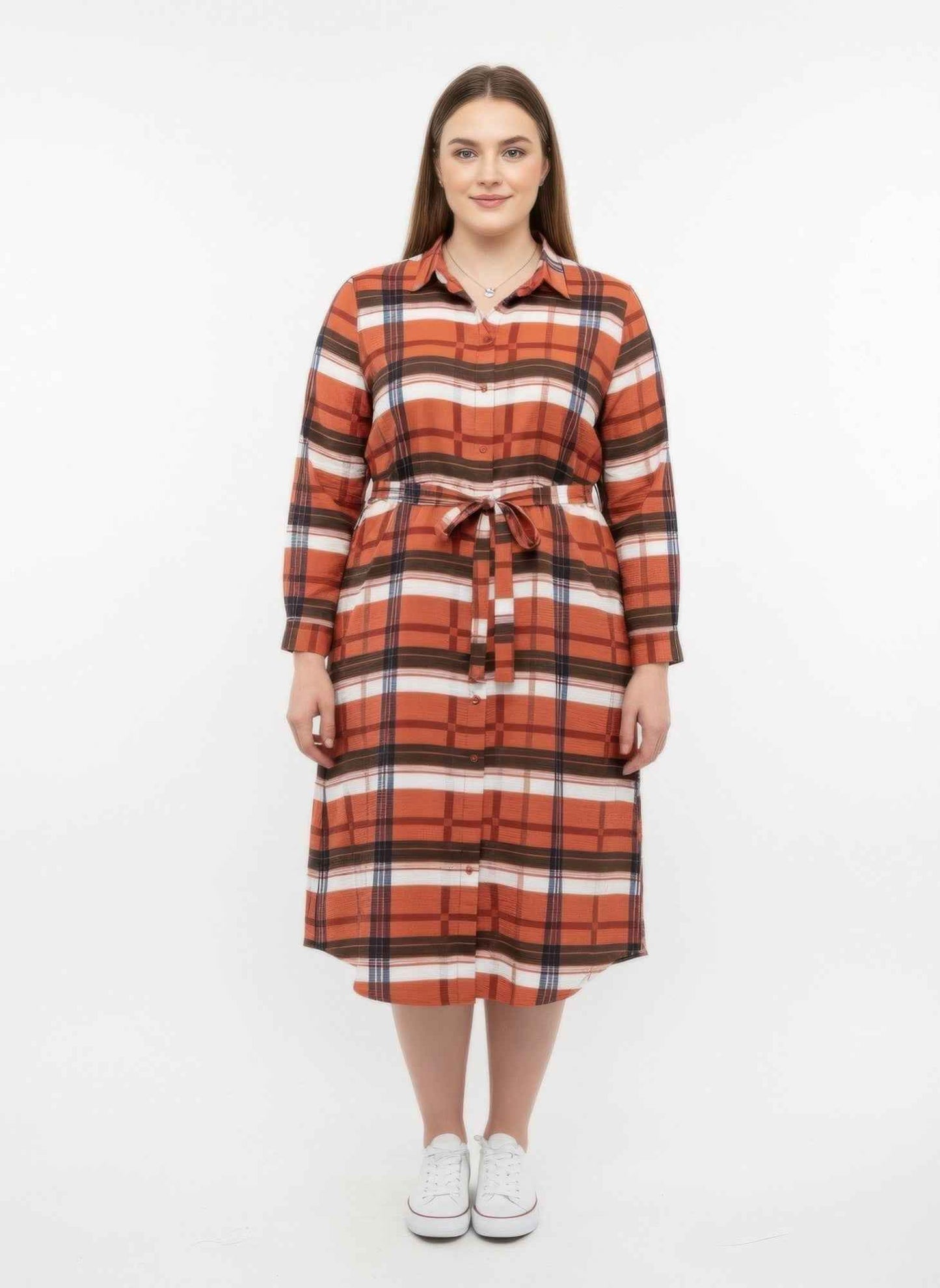 Button Front Midi Shirt Dress With Self Tie Belt