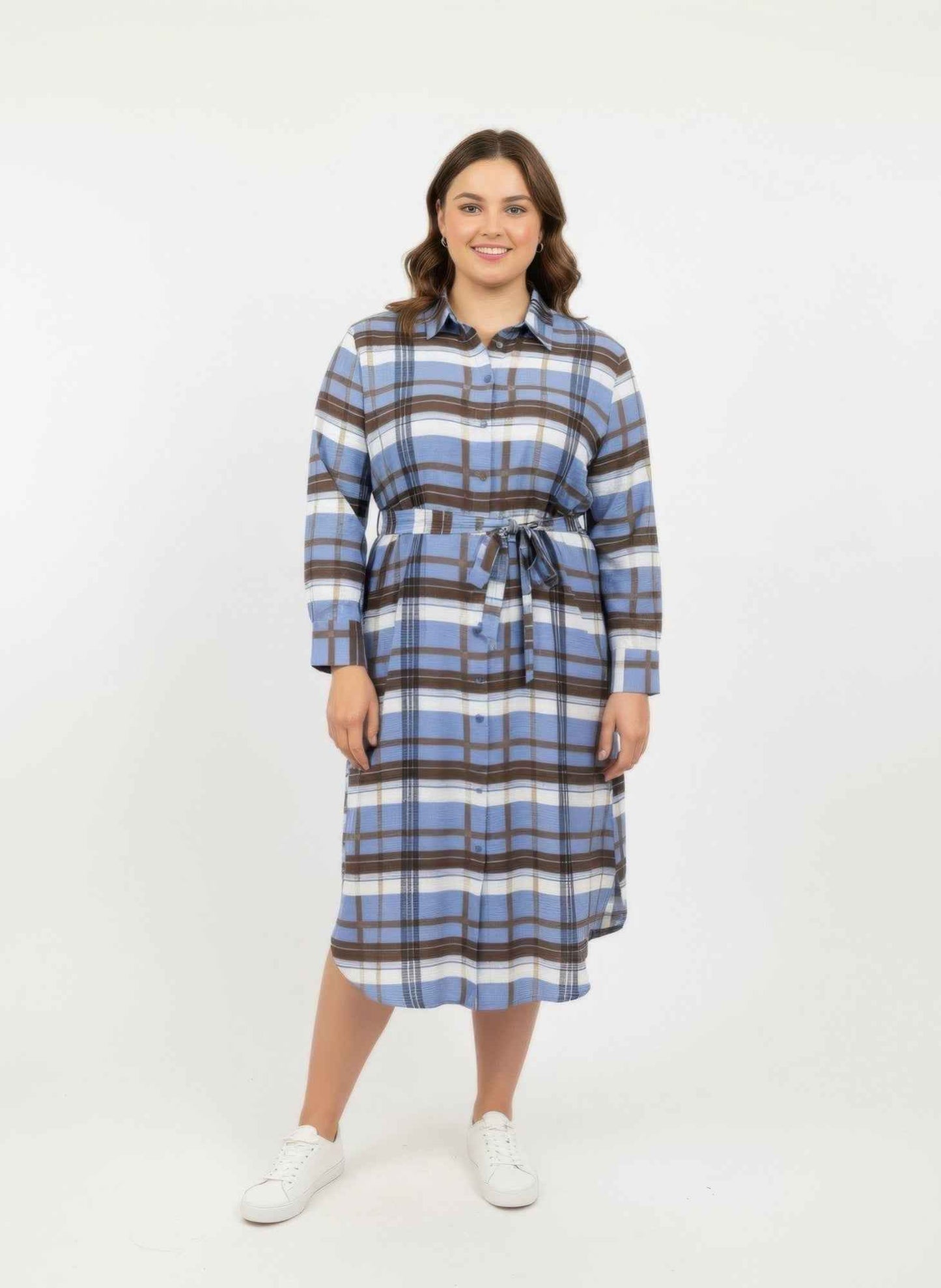 Button Front Midi Shirt Dress With Self Tie Belt