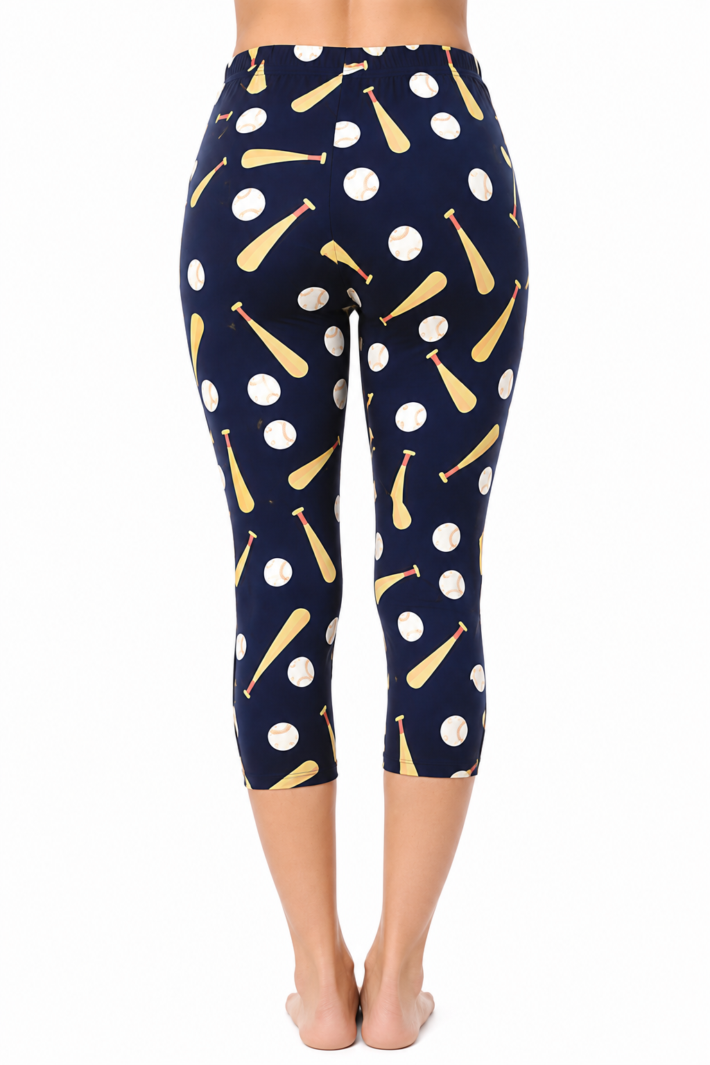 Baseball Printed, High Waisted Capri Leggings In A Fitted Style With An Elastic Waistband