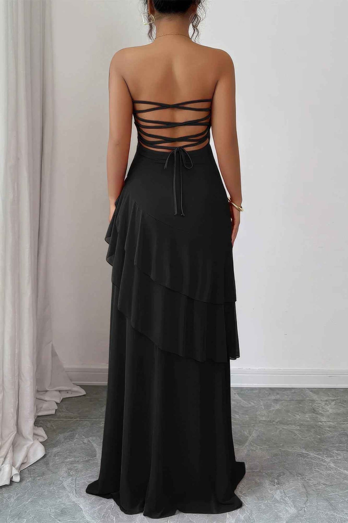Off Shoulder Cross Back High Waist Layer Maxi Dress