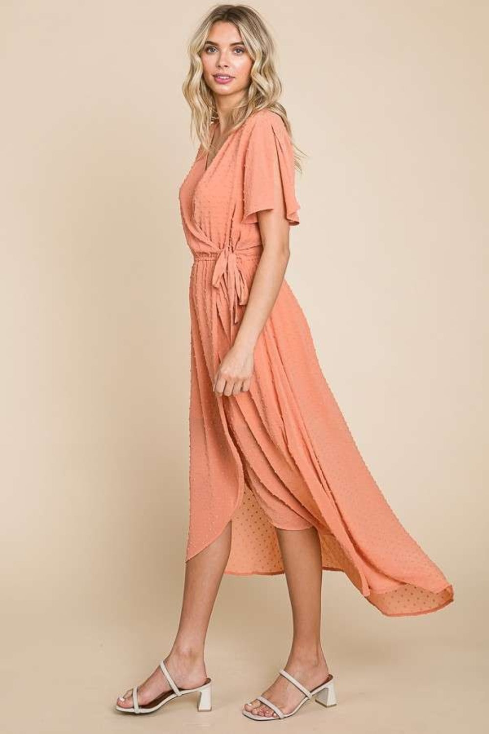Culture Code Swiss Dot Tied Short Sleeve Dress with Slit - Full Size