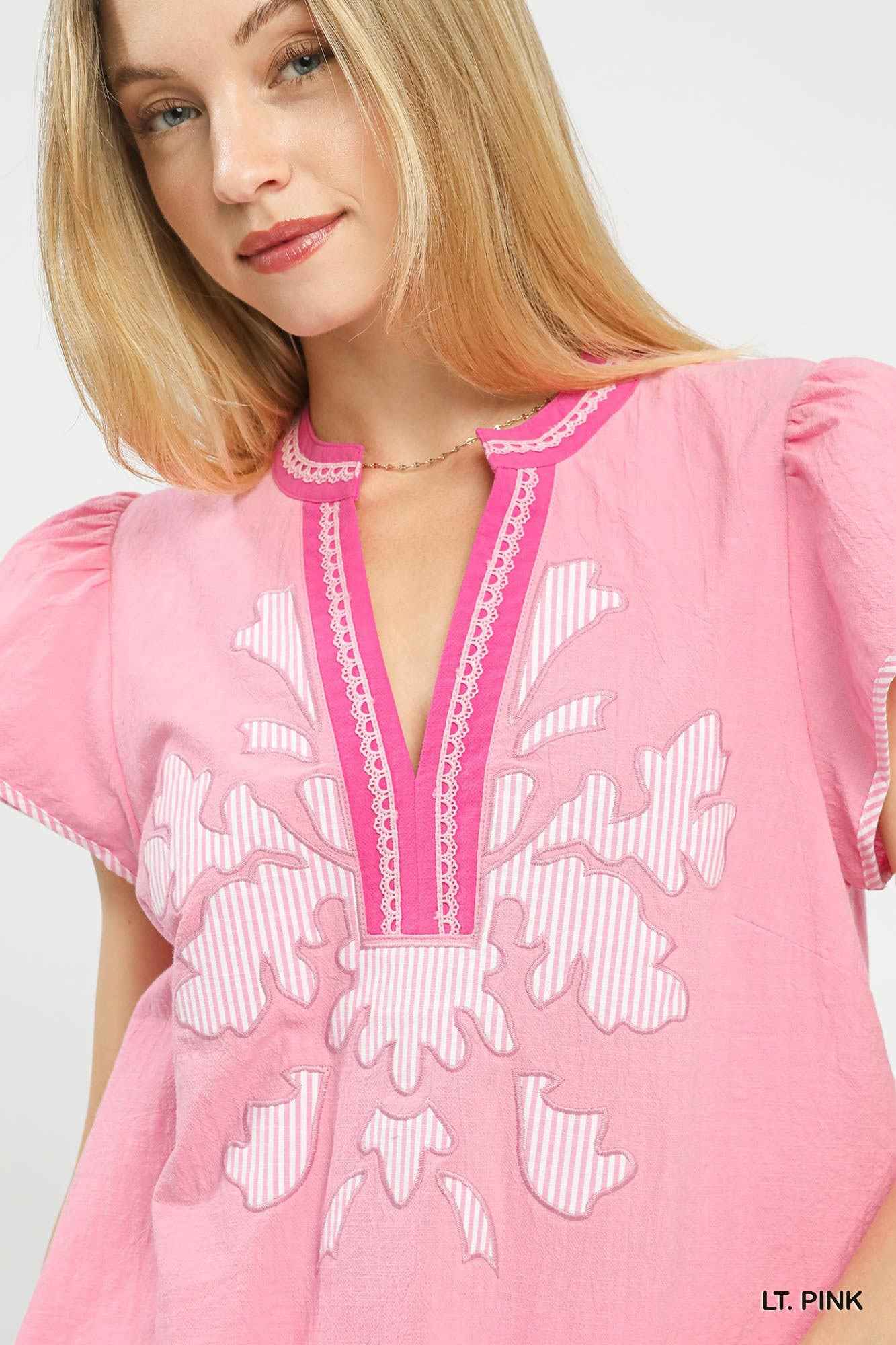 Umgee Abstract Applique Split Neck Top