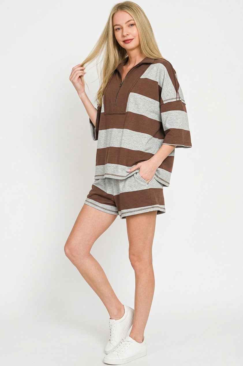 Zenana Frenchterry Striped Half Zip Top & Shorts Set