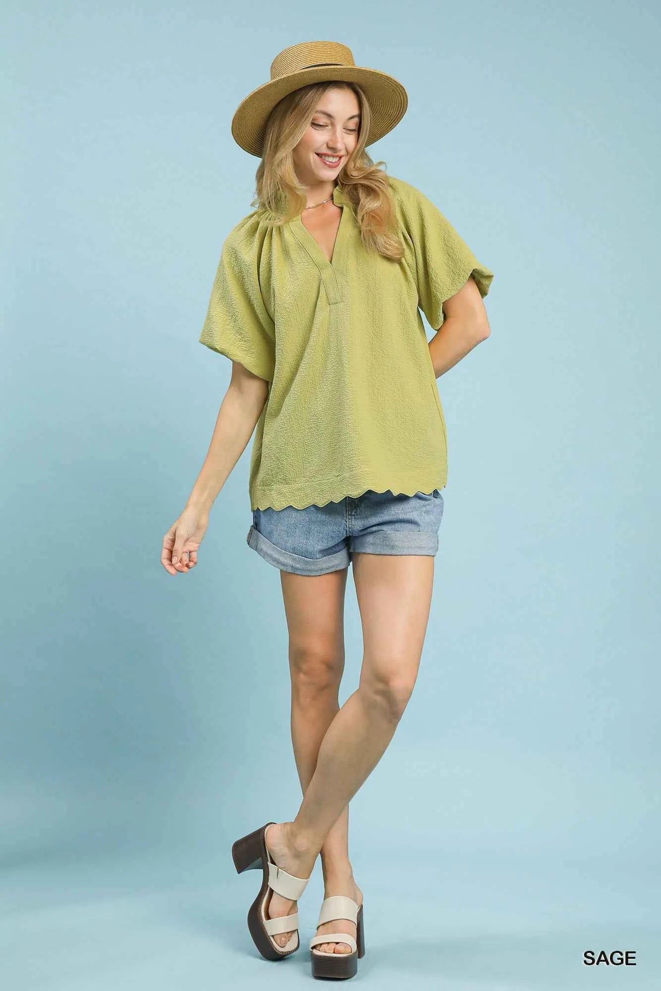 Umgee Scalloped Hem Textured Blouse