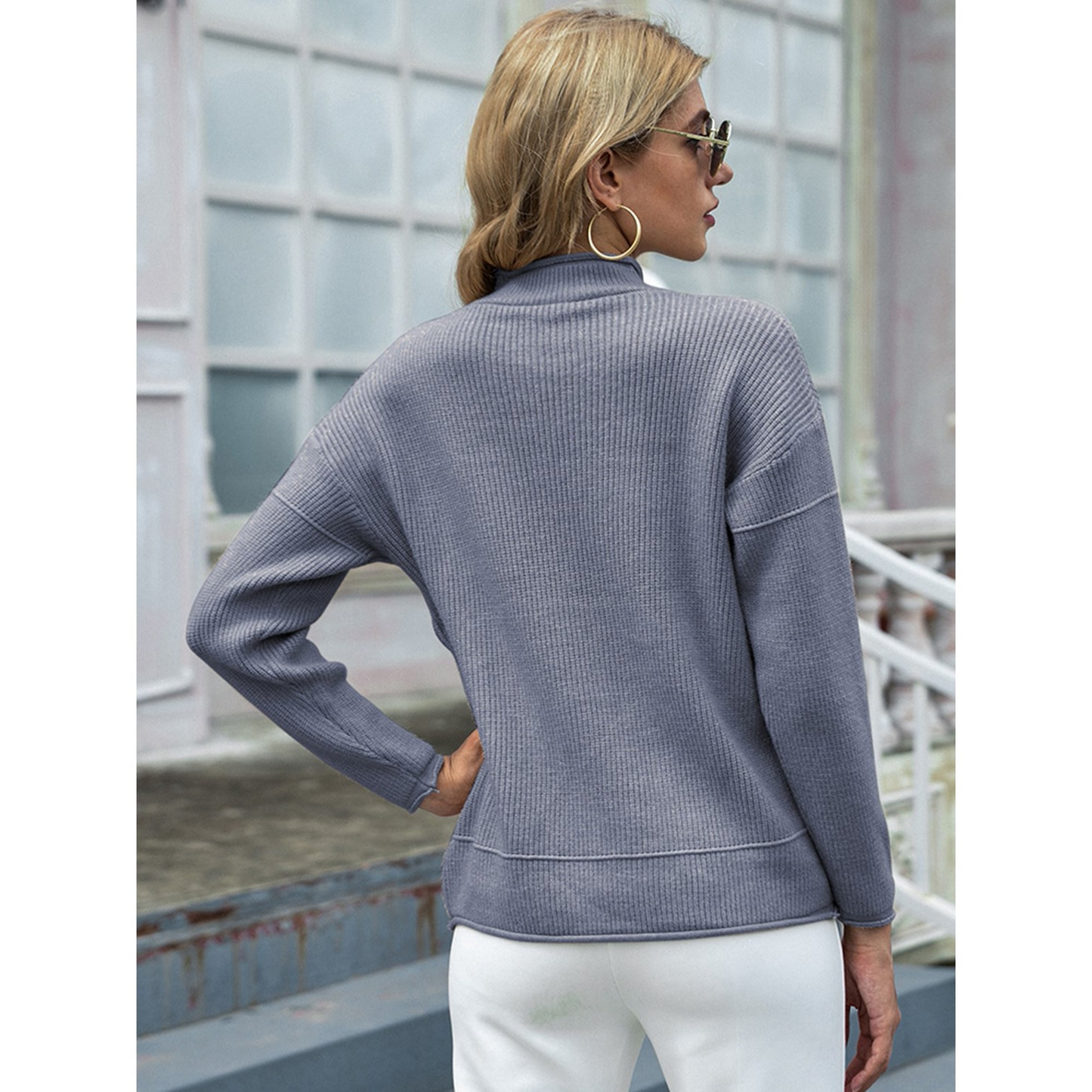 Ribbed Round Neck Dropped Shoulder Sweater