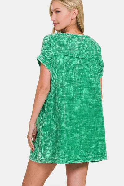 Zenana Mini Dress: Washed Notched Short Sleeve Design for Effortless Style
