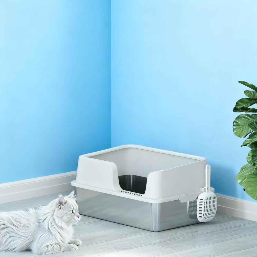 Stainless Steel Litter Box with High Side, Scoop for Big Cats