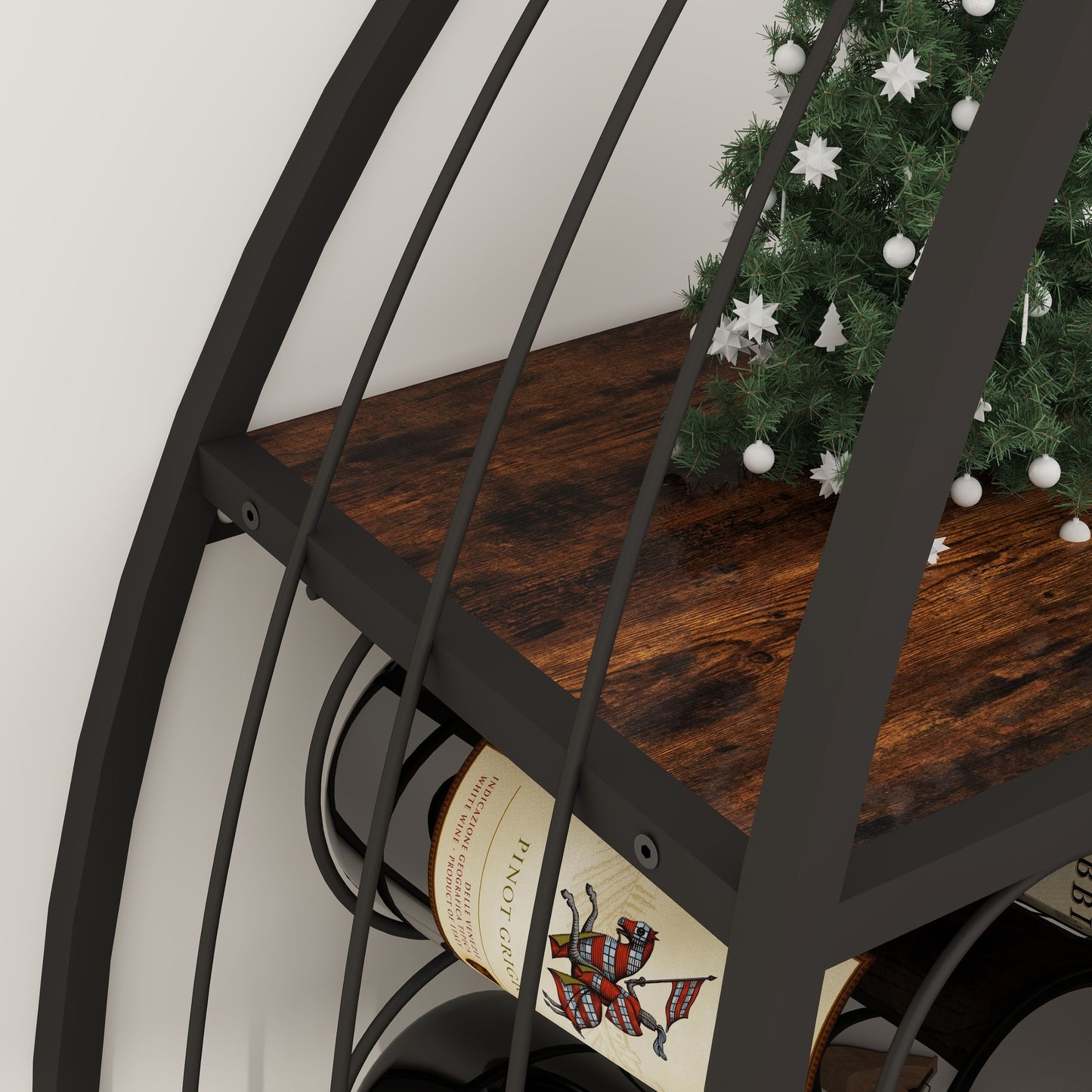 Close-up of a sailboat-shaped wine rack with a dark wood shelf and black metal frame.