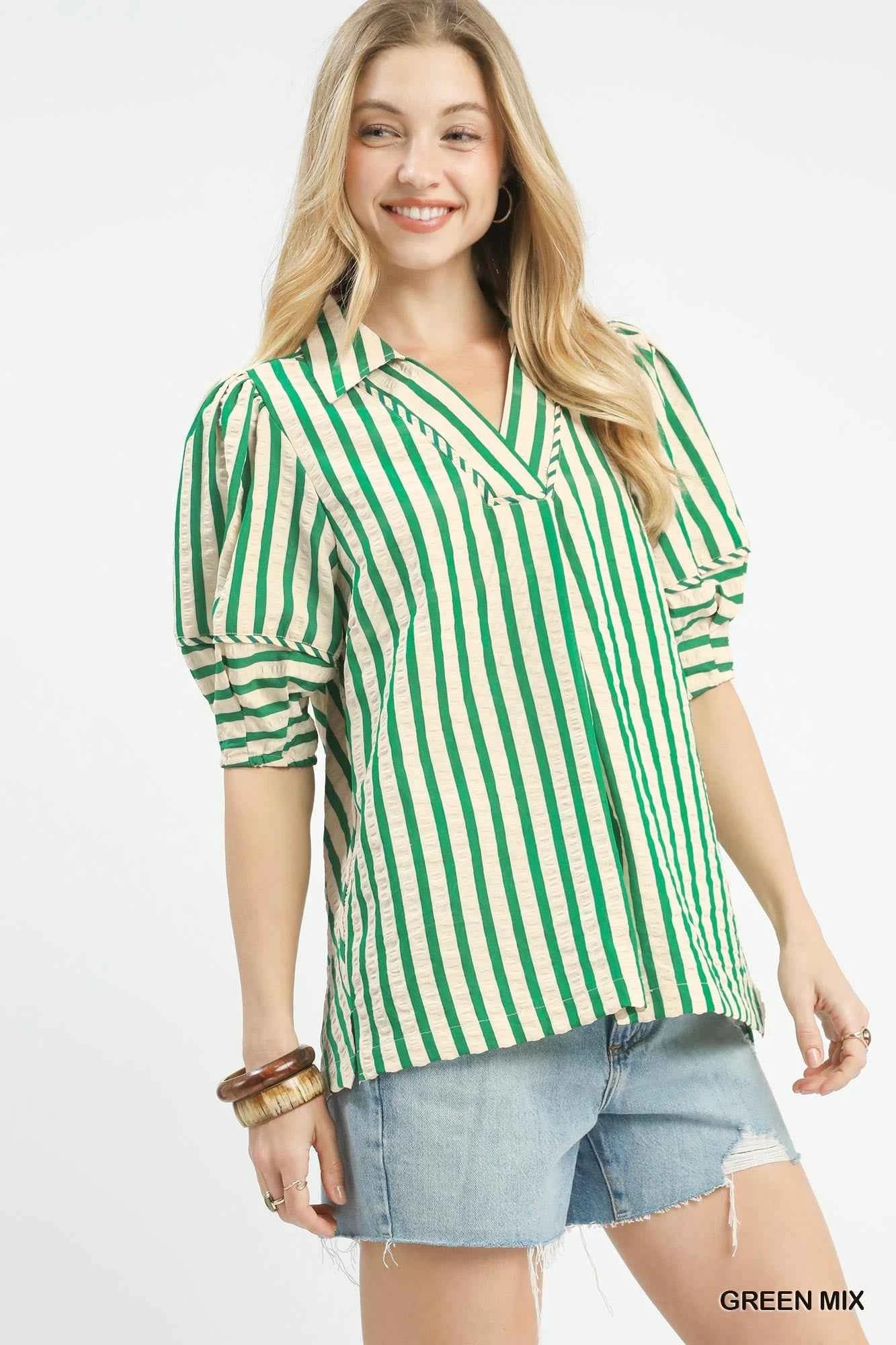 Umgee Striped Puff Sleeve Blouse