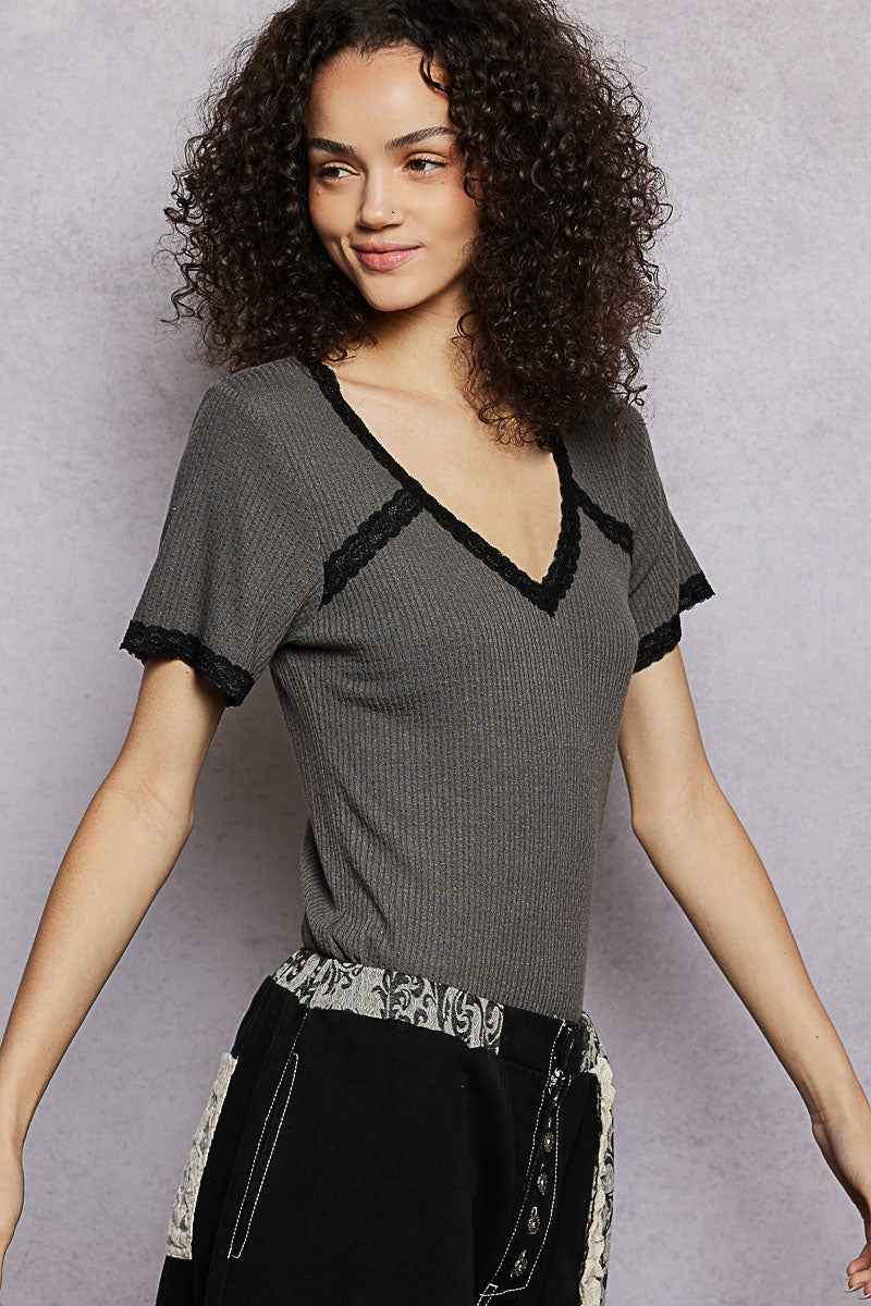 POL Lace Detail V-Neck Short Sleeve Textured T-Shirt
