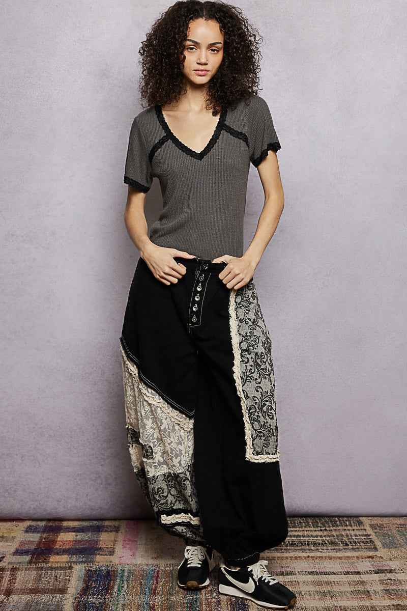 POL Lace Detail V-Neck Short Sleeve Textured T-Shirt
