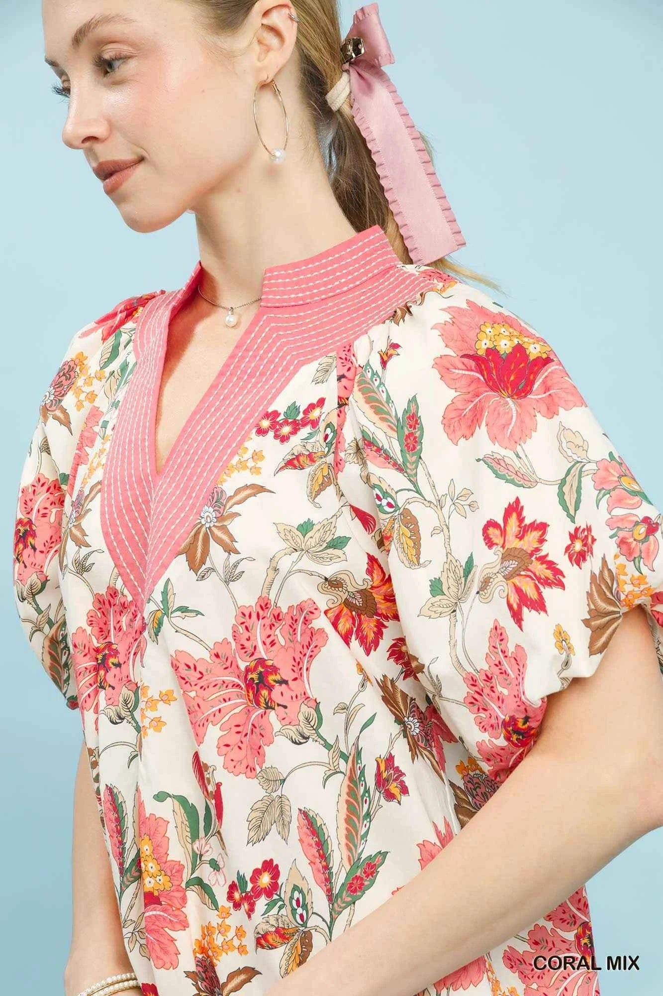 Umgee Mix Floral Puff Sleeve Blouse
