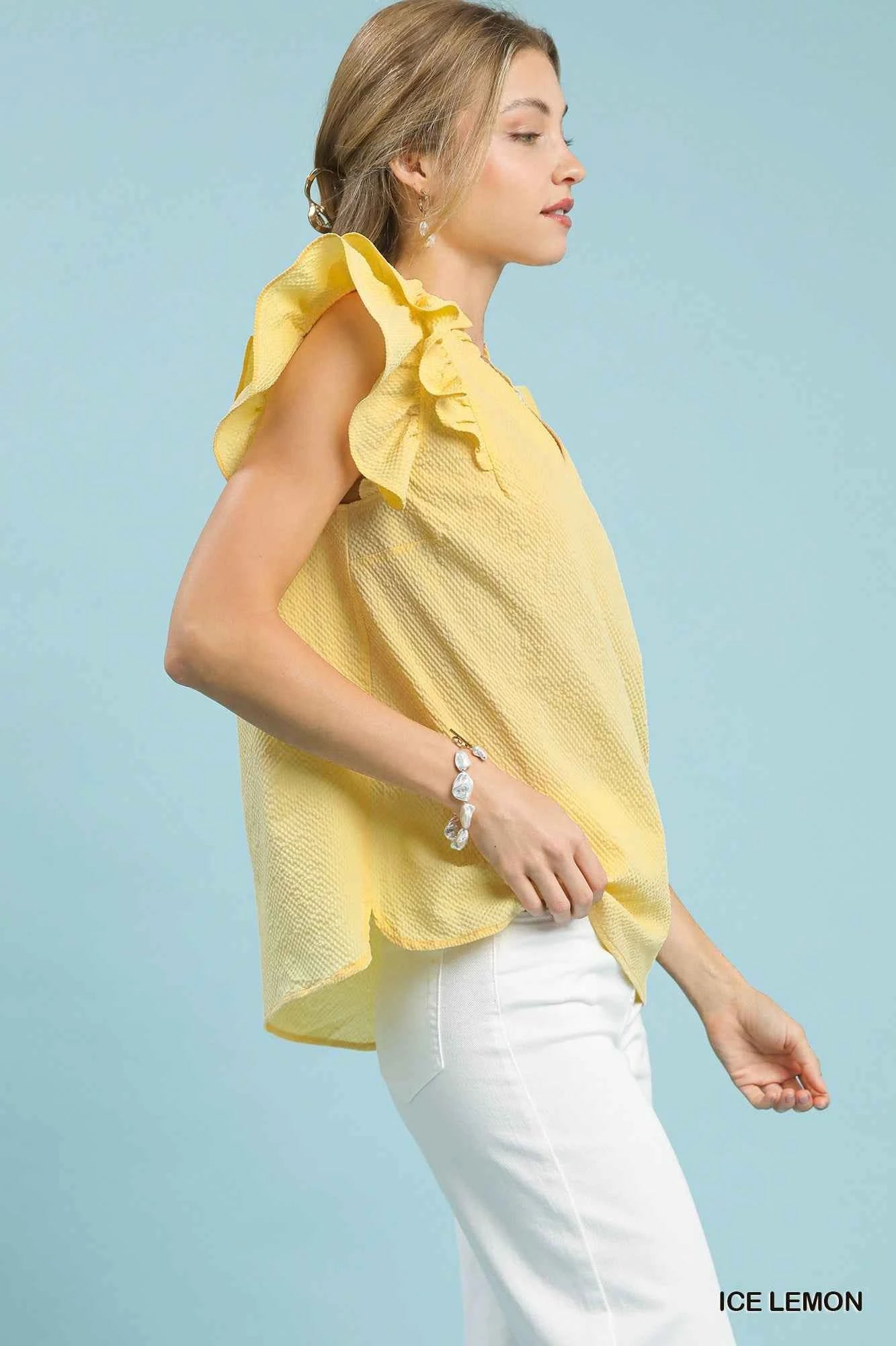 Umgee Textured Ruffle Sleeve V-Neck Blouse