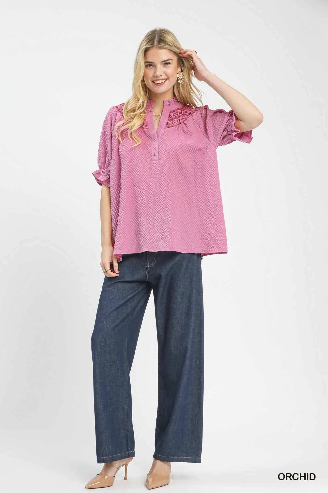 Umgee Textured Henley Blouse with Ruffle Cuffs
