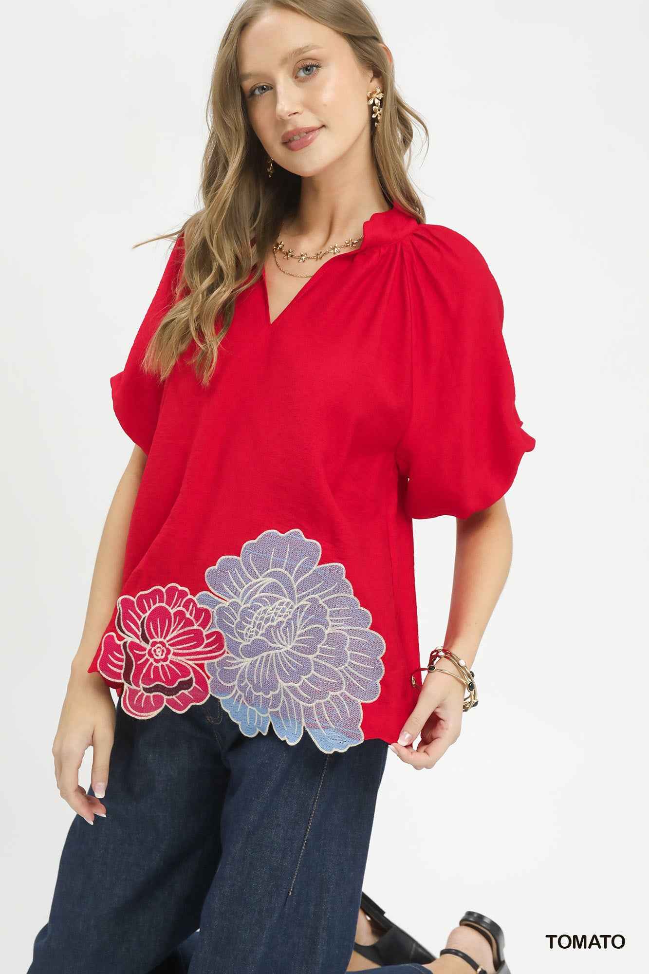 Umgee Floral Embroidered Hem Blouse