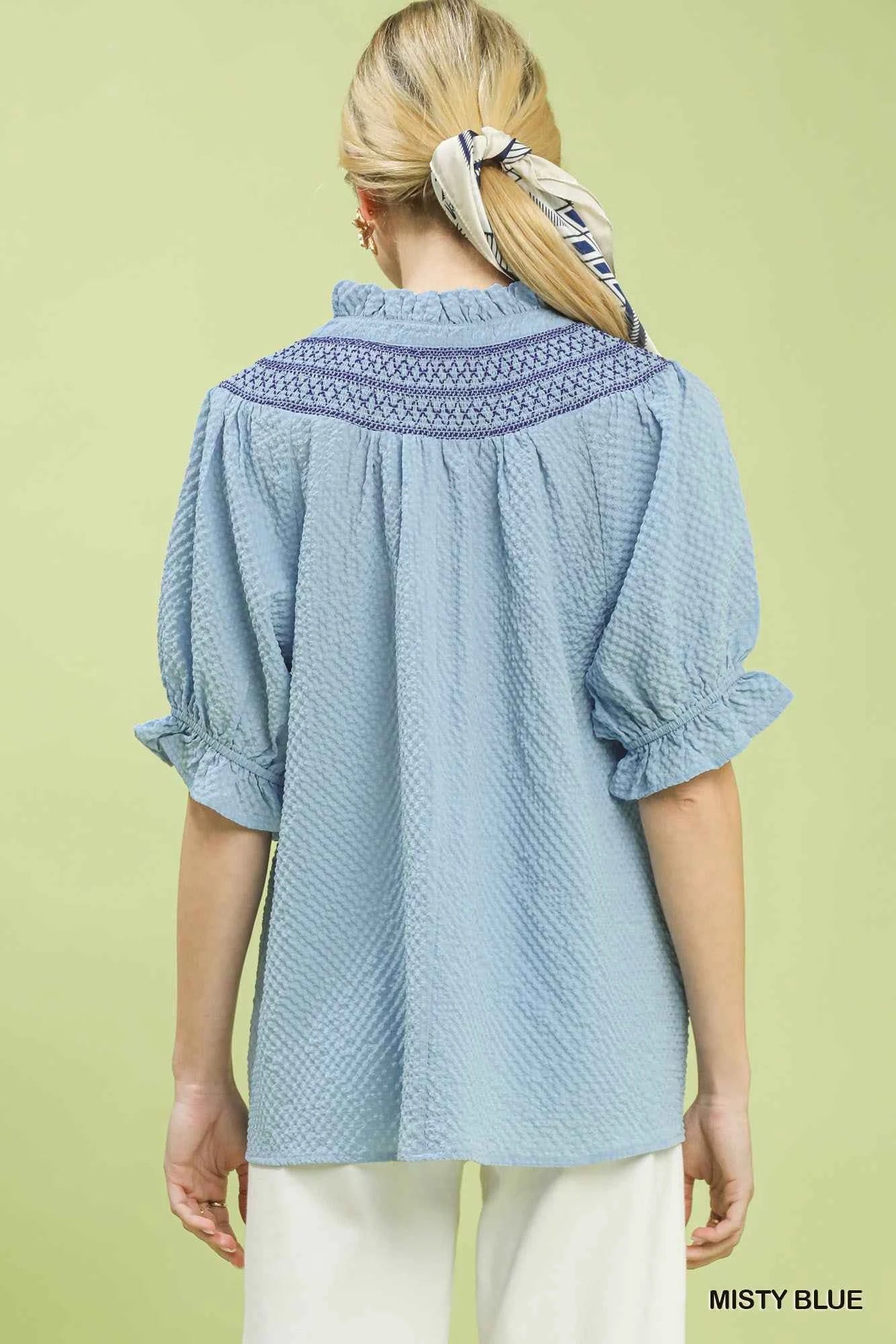Umgee Textured Henley Blouse with Ruffle Cuffs