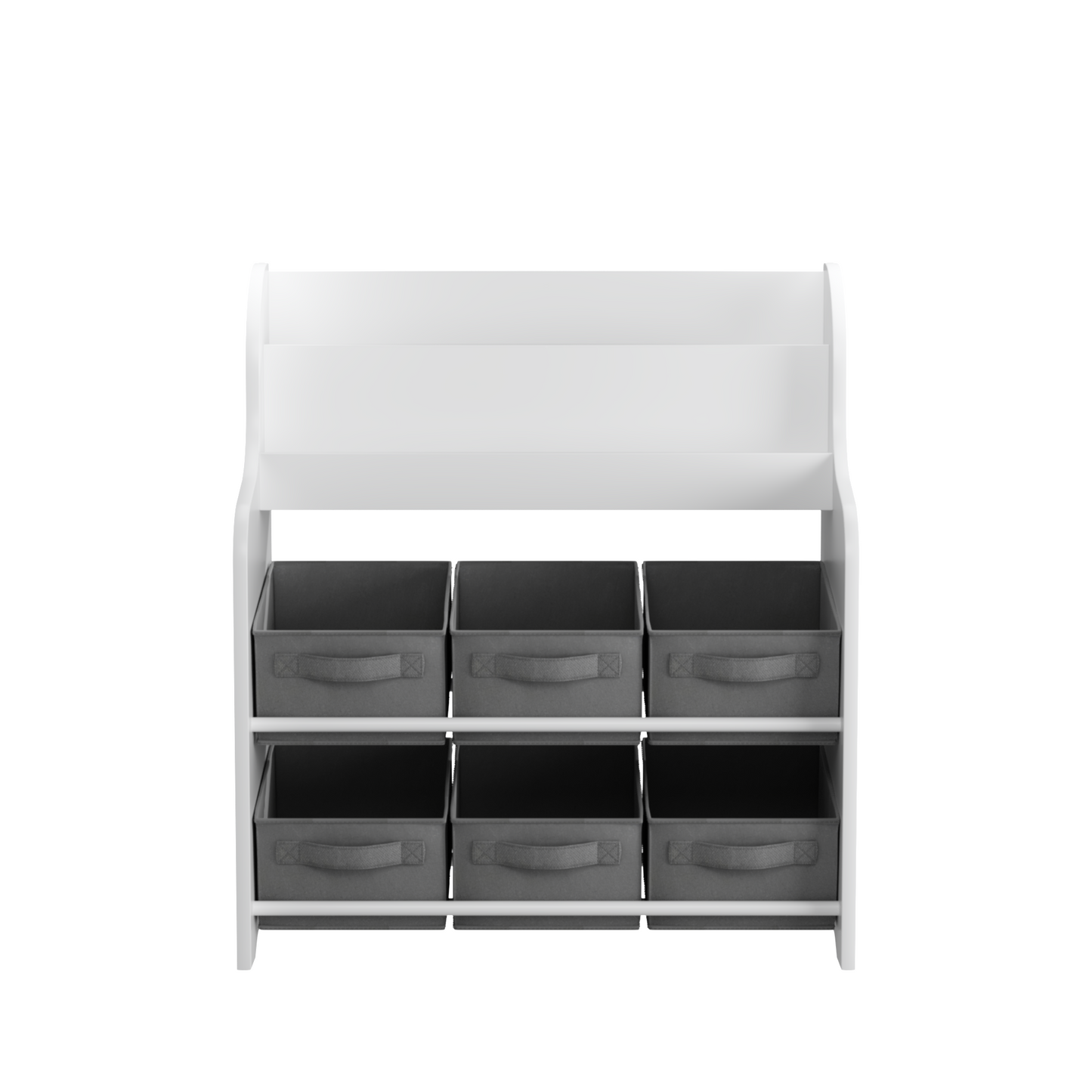 Kids Bookshelf with 6 Fabric Storage Bins, Multi-Functional Children's Bookcase and Toy Organizer in White & Gray, MDF Construction, 24.8 x 11.8 x 27.95 inches