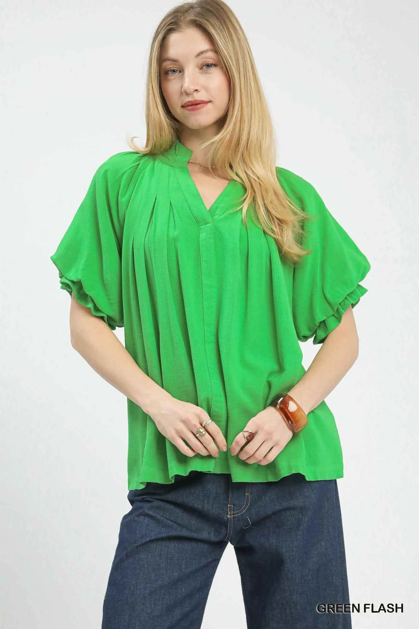 Umgee Linen V-Neck Flutter Sleeve Top