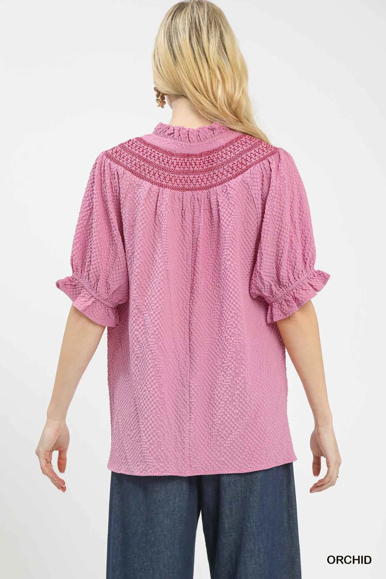 Umgee Textured Henley Blouse with Ruffle Cuffs