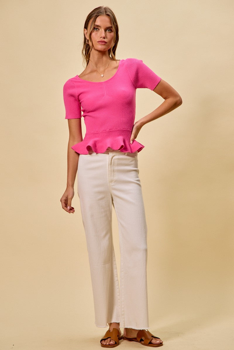 SO ME Ribbed Knit Short Sleeves Peplum