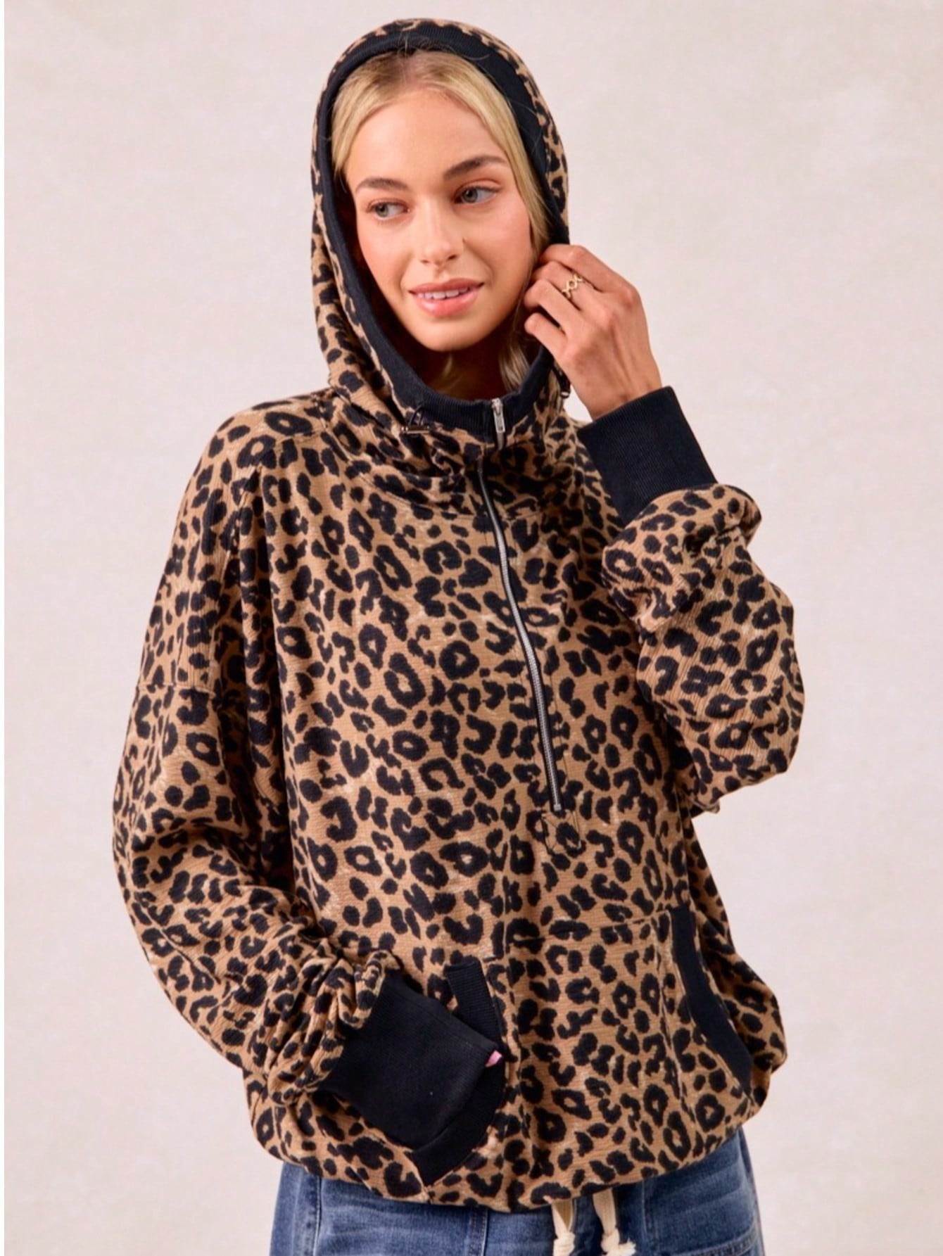 Leopard Print Waffle Half Zip Up Hoodie W Pocket