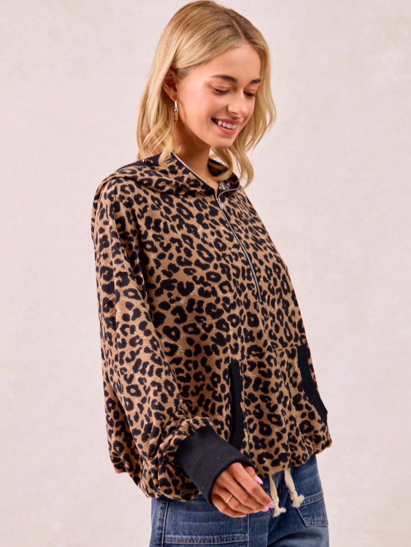 Leopard Print Waffle Half Zip Up Hoodie W Pocket