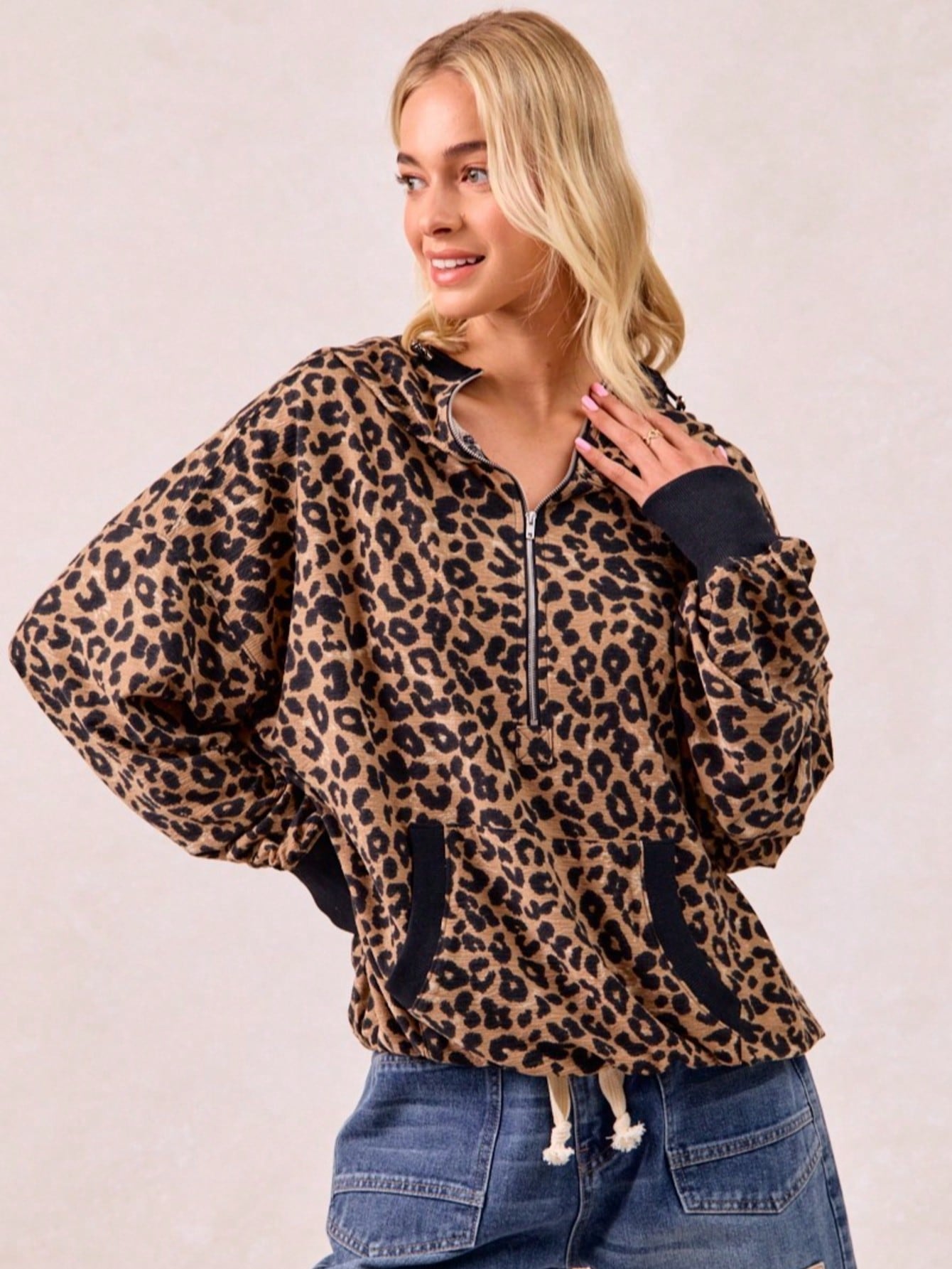 Leopard Print Waffle Half Zip Up Hoodie W Pocket