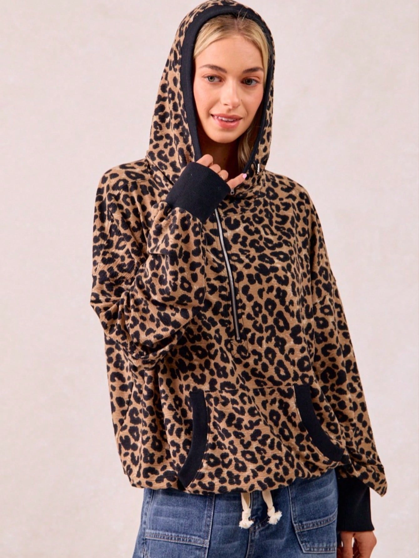 Leopard Print Waffle Half Zip Up Hoodie W Pocket