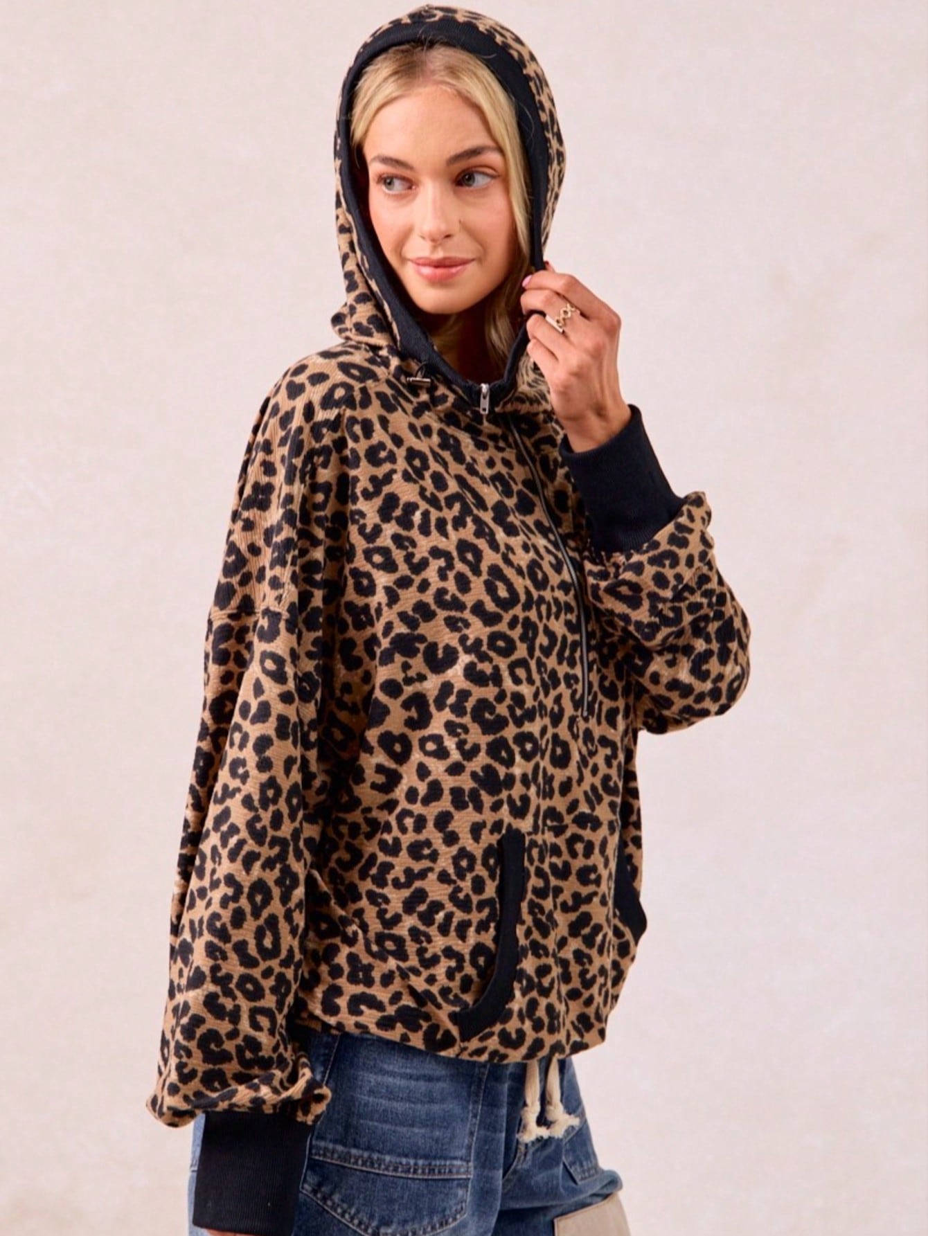 Leopard Print Waffle Half Zip Up Hoodie W Pocket