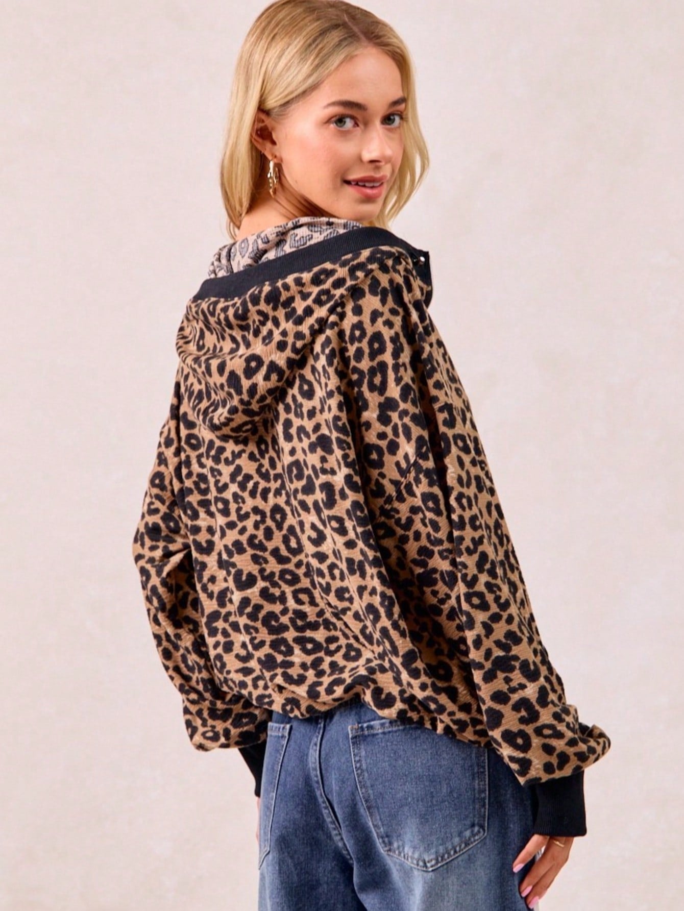 Leopard Print Waffle Half Zip Up Hoodie W Pocket