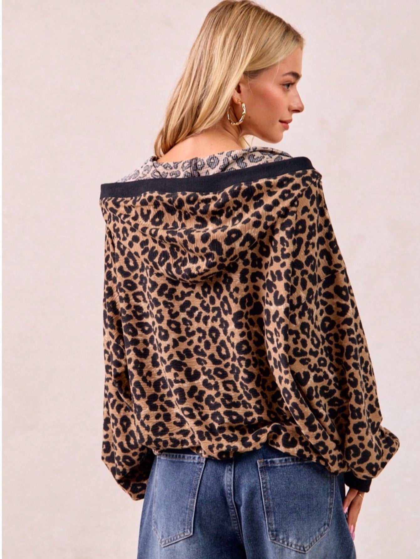 Leopard Print Waffle Half Zip Up Hoodie W Pocket