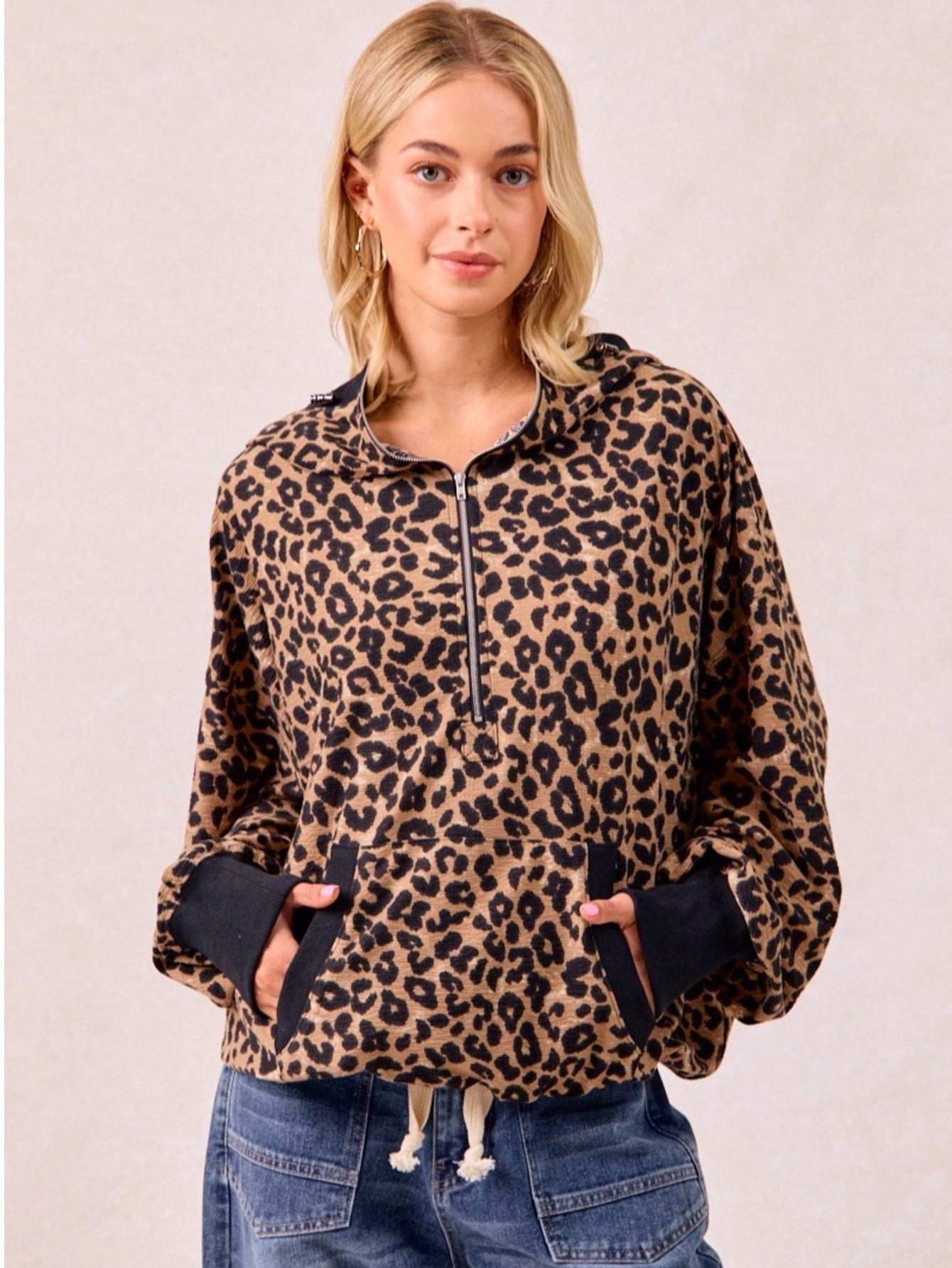 Leopard Print Waffle Half Zip Up Hoodie W Pocket