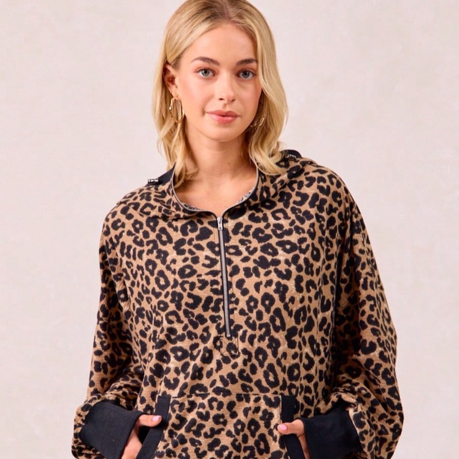Leopard Print Waffle Half Zip Up Hoodie W Pocket