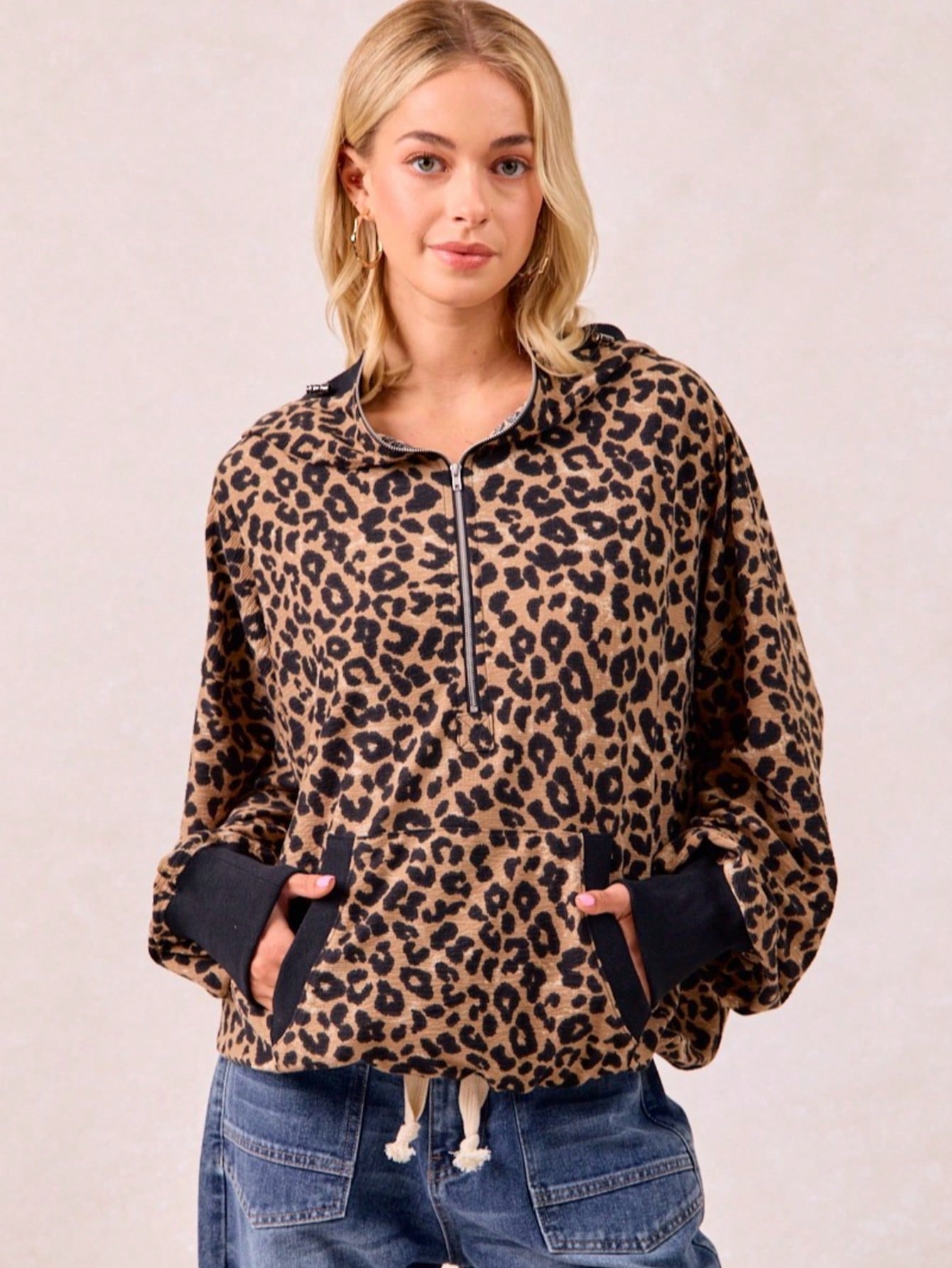 Leopard Print Waffle Half Zip Up Hoodie W Pocket