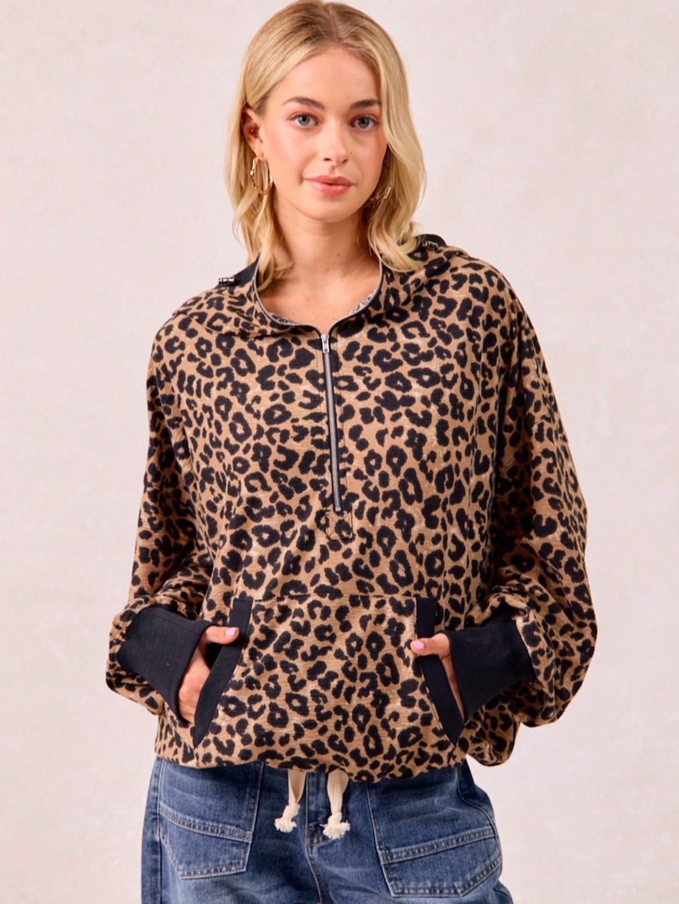 Leopard Print Waffle Half Zip Up Hoodie W Pocket