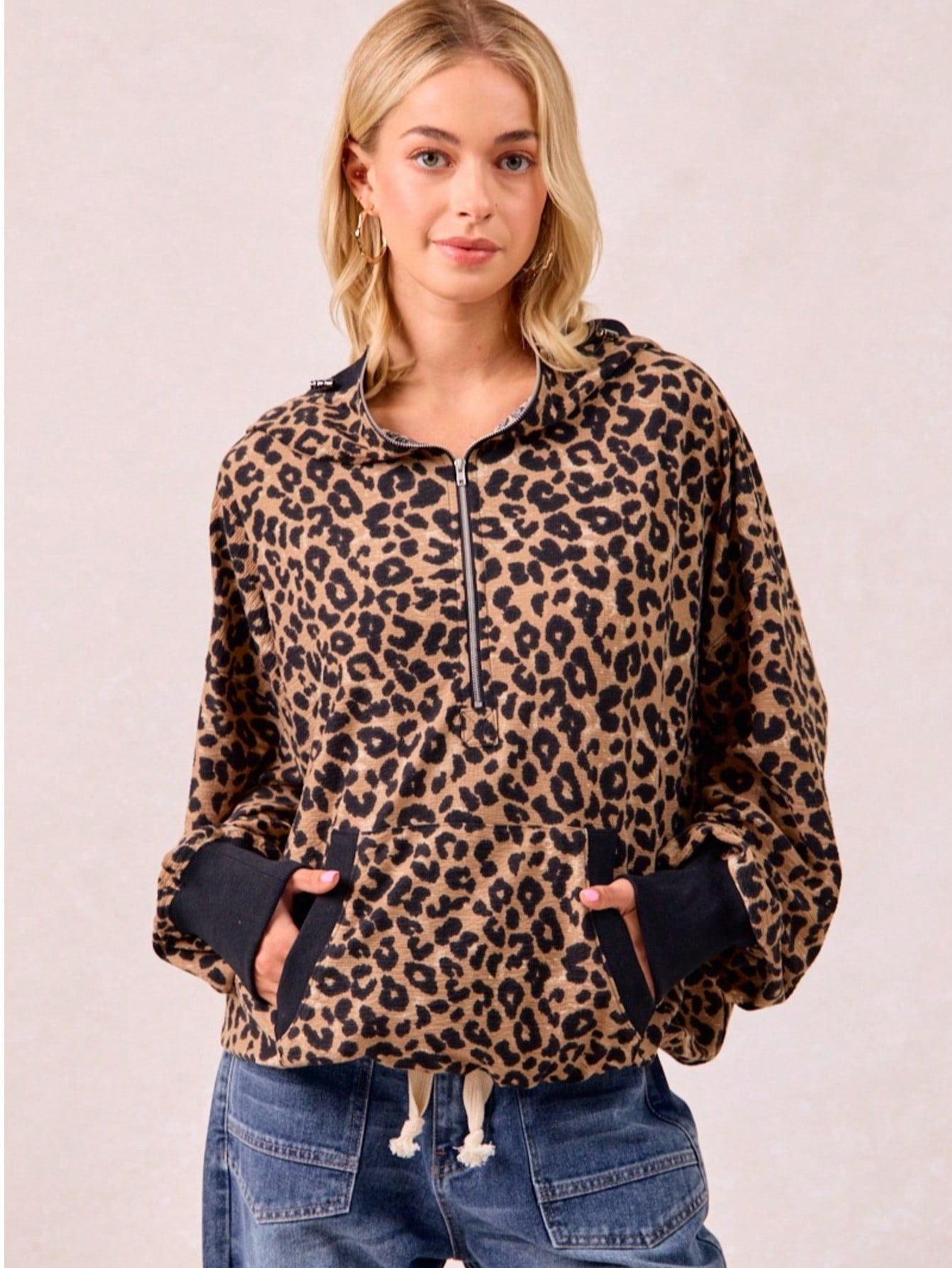 Leopard Print Waffle Half Zip Up Hoodie W Pocket