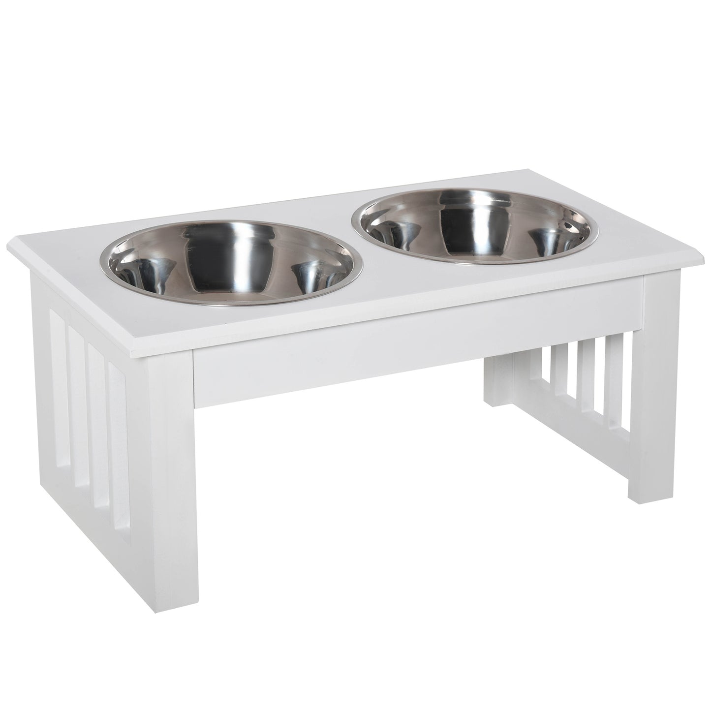 PawHut 6' Height Small Puppy Dog Feeding Station for Messy Pets, Stainless Steel Elevated Dog Bowls with Modern Wooden Frame, Dog Food Stand Pet Feeding Station, White