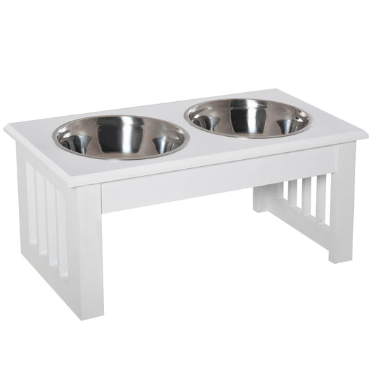 PawHut 6' Height Small Puppy Dog Feeding Station for Messy Pets, Stainless Steel Elevated Dog Bowls with Modern Wooden Frame, Dog Food Stand Pet Feeding Station, White