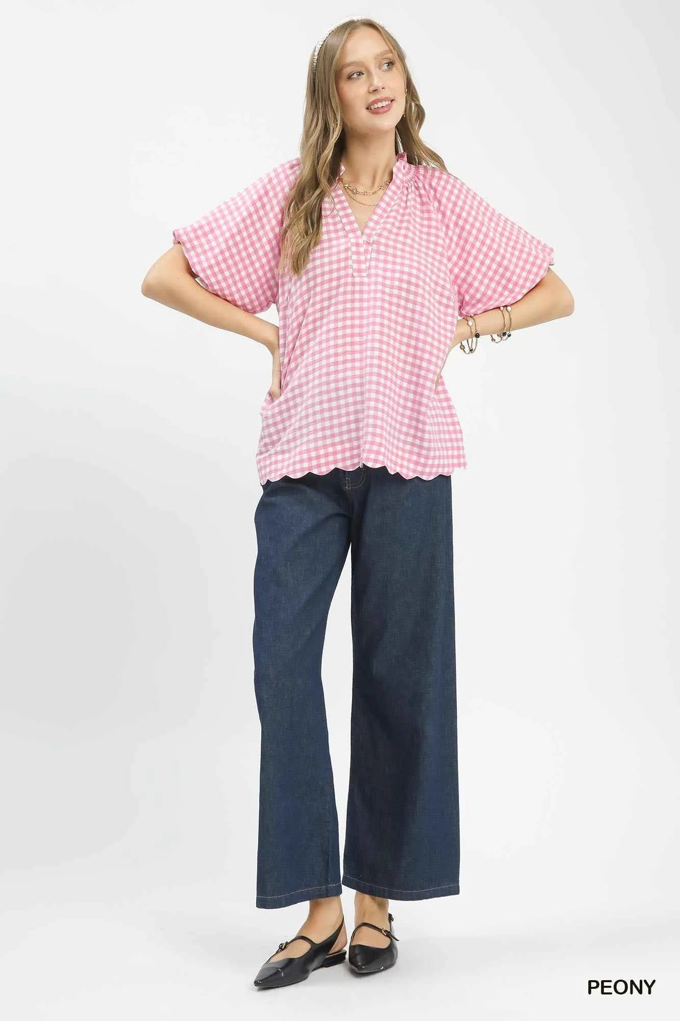 Umgee Gingham Bubble Sleeve Blouse with Scallop Hem