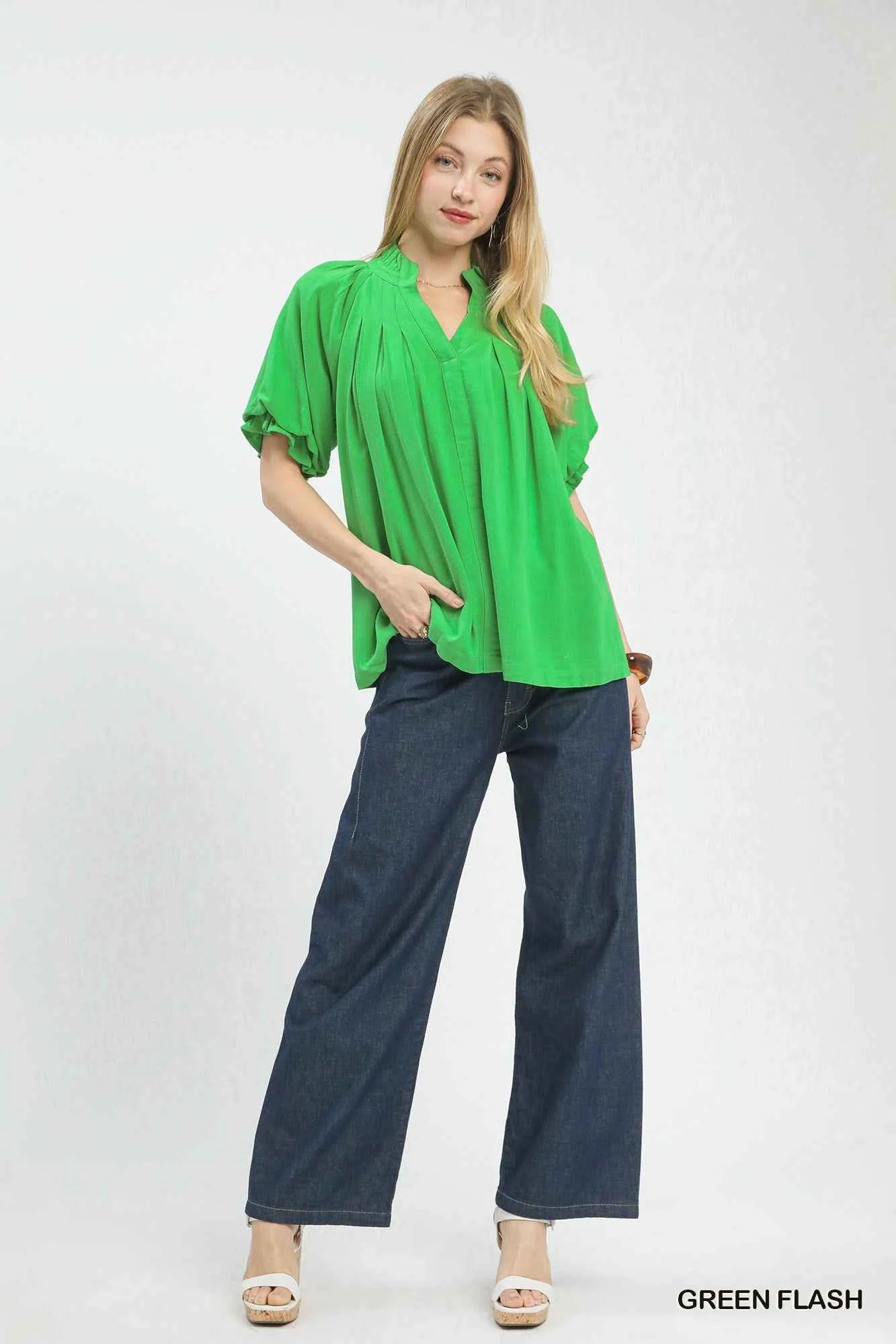 Umgee Linen V-Neck Flutter Sleeve Top