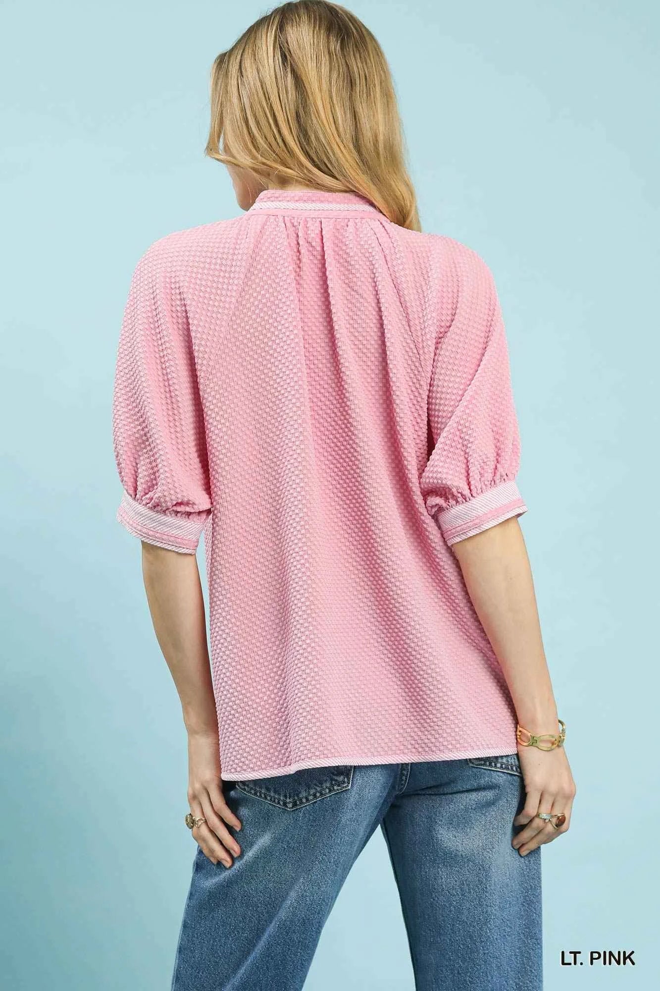 Umgee Textured Jacquard Contrast Trim Top